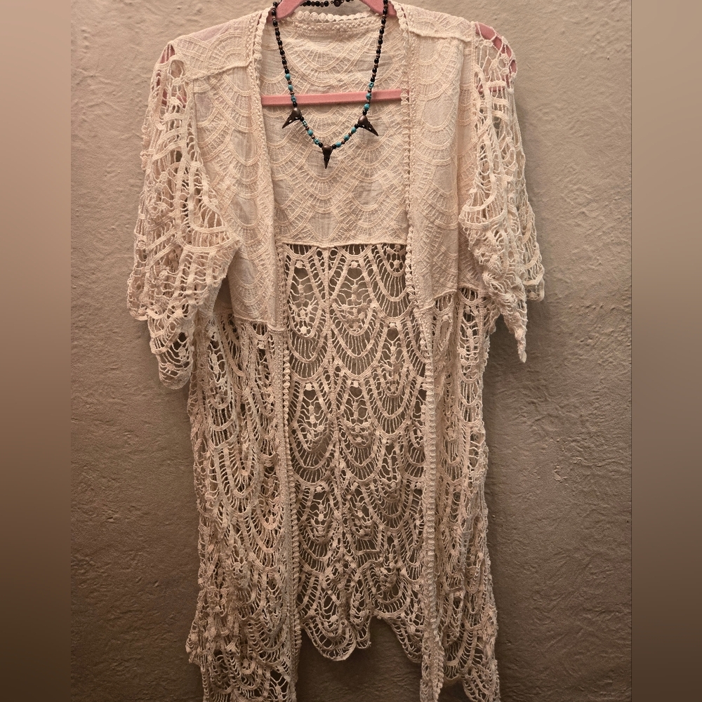 Boho Lace Kimono Cardigan Cream • Crochet Duster Festival Cottagecore One Size